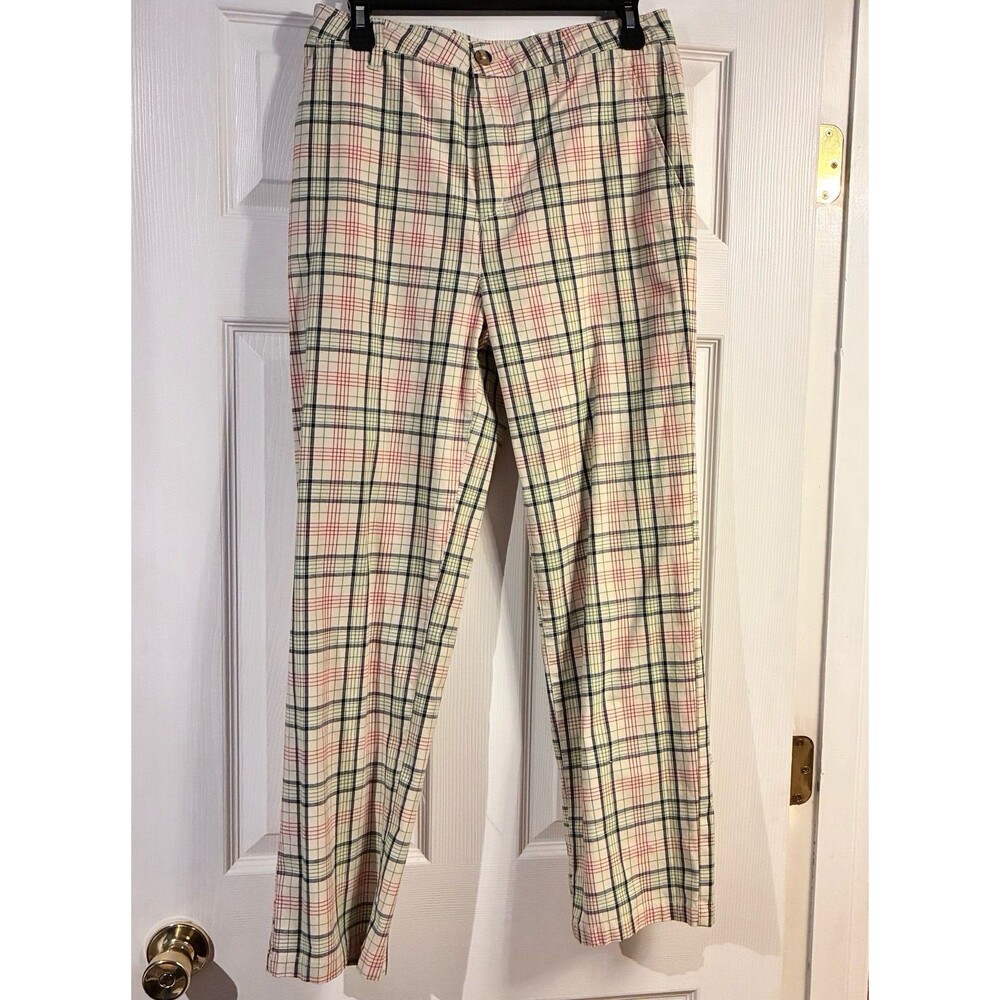Brixton Pants Womens 28 Plaid Cream Red Green Navy Straight Leg Casual Cotton